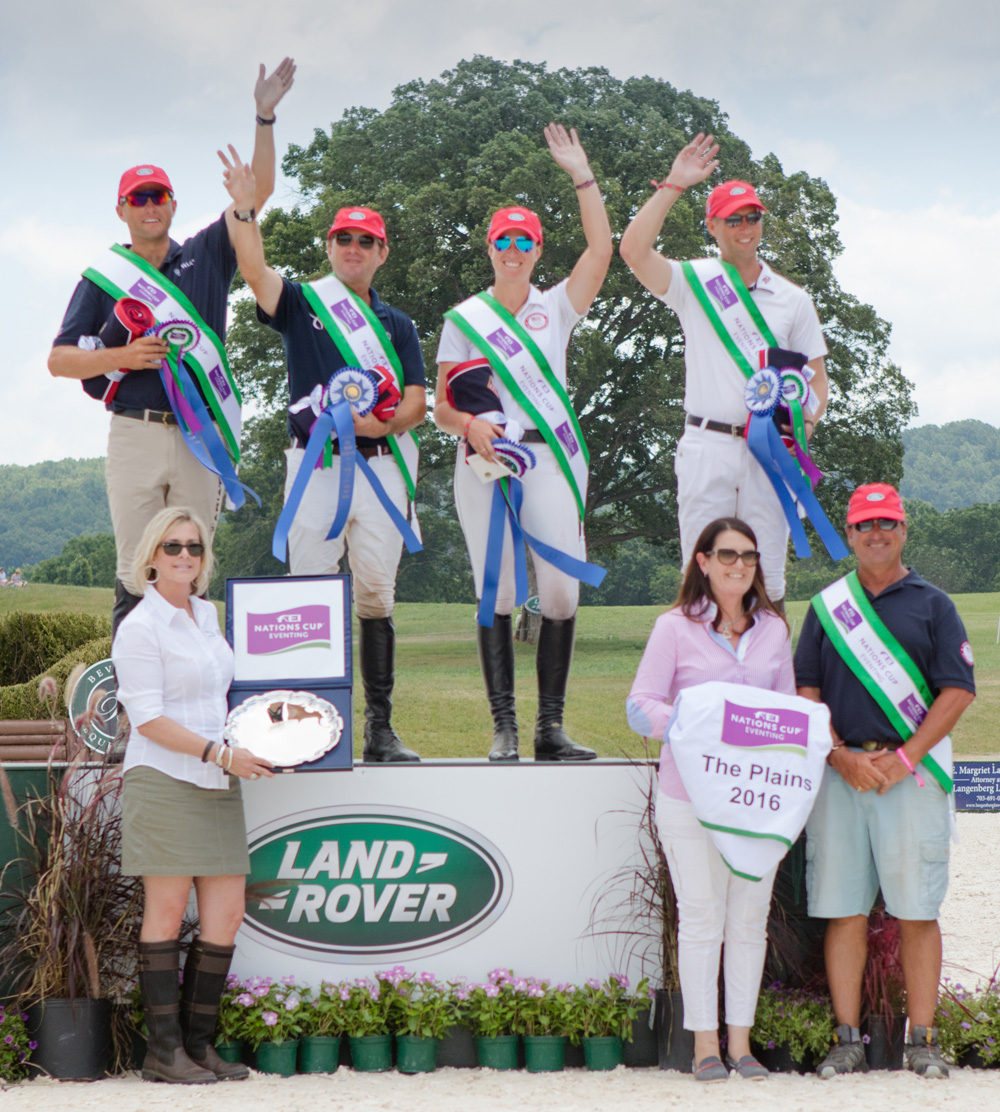Team USA’s Boyd Martin, Phillip Dutton, Lauren Kieffer and Clark Montgomery celebrate their first win in the FEI Nations Cup™ Eventing series, at the Land Rover Great Meadows International, The Plains, Virginia (USA) with Helen McDonald and Deborah Sandford for Land Rover North America and US Chef d'Equipe David O'Connor. © FEI/Stock Image Services
