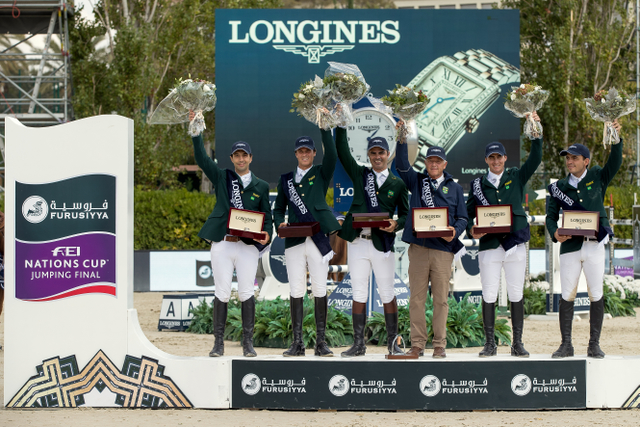 Team Brazil’s Rodrigo Pessoa, Stephan de Freitas Barcha, Yuri Mansur and Pedro Veniss, led by Chef d’Equipe Caio Carvalho, won the Longines Challenge Cup to bring the Furusiyya FEI Nations Cup™ Jumping Final 2016 to a close at the Real Club de Polo in Barcelona (ESP). © Dirk Caremans/FEI