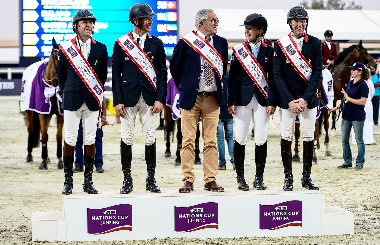 Team France reigned supreme at the opening leg of the FEI Nations Cup™ Jumping 2017 series at Al Ain (UAE). L to R: Frederic David, Philippe Rozier, Chef d’Equipe Philippe Guerdat, Adeline Hecart and Patrice Delaveau. © Martin Dokoupil/FEI