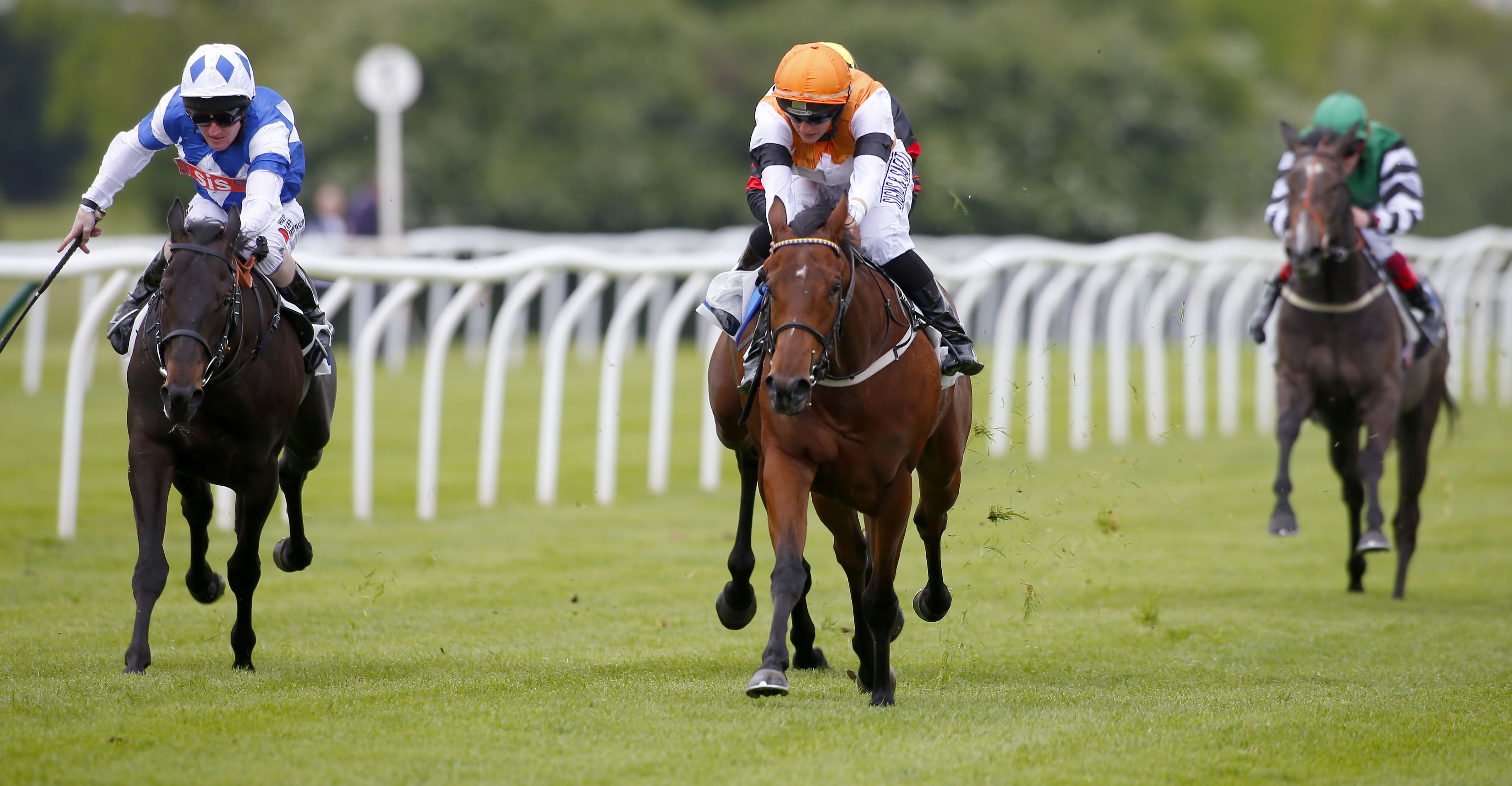 Baby Gal and Josephine Gordon (orange cap) winning The Ragdale Maiden Auction Stakes  Leicester © Great British Racing & Racing Fotos
