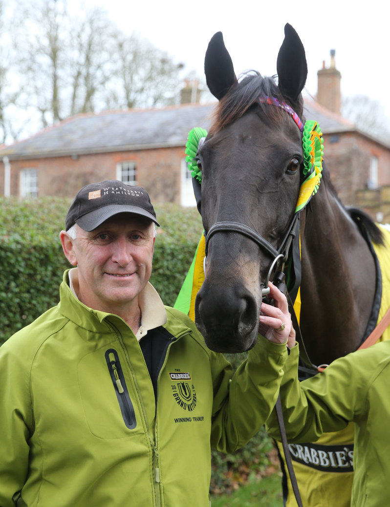 CRABBIES GRAND NATIONAL winner MANY CLOUDS with trainer Oliver Sherwood at his Lambourm stables 1/12/15 © Grossick Racing Photography 0771 046 1723