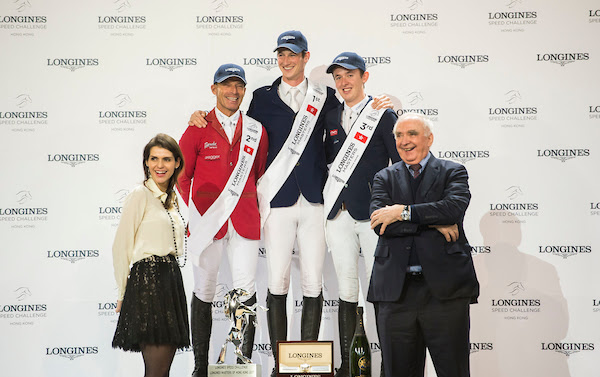 Daniel Deusser of Germany riding Happiness van T Paradijs winner the Longines Speed Challenge, with runner-up Pius Scwhizer of Switzerland riding Leonard de la Ferme CH and third-placed Bertram Allen of Ireland riding Quiet Easy at the Longines Masters of Hong Kong 2017 © Juan Manuel Serrano/Power Sport Images